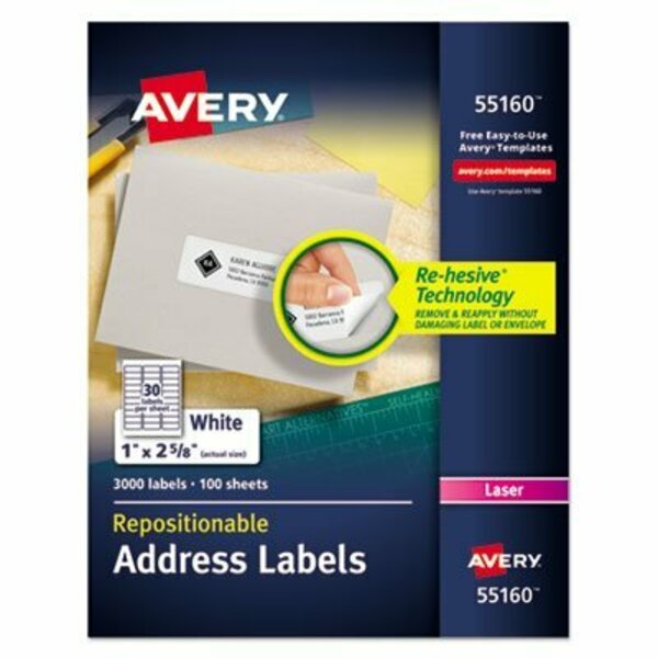 Avery Dennison Avery, REPOSITIONABLE ADDRESS LABELS W/SUREFEED, LASER, 1 X 2 5/8, WHITE, 3000PK 55160
